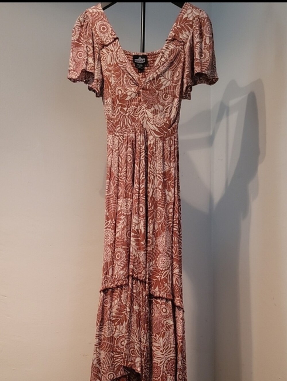 Angie Boho Rust Floral Maxi Dress w High Low Slit hem and tiered skirt